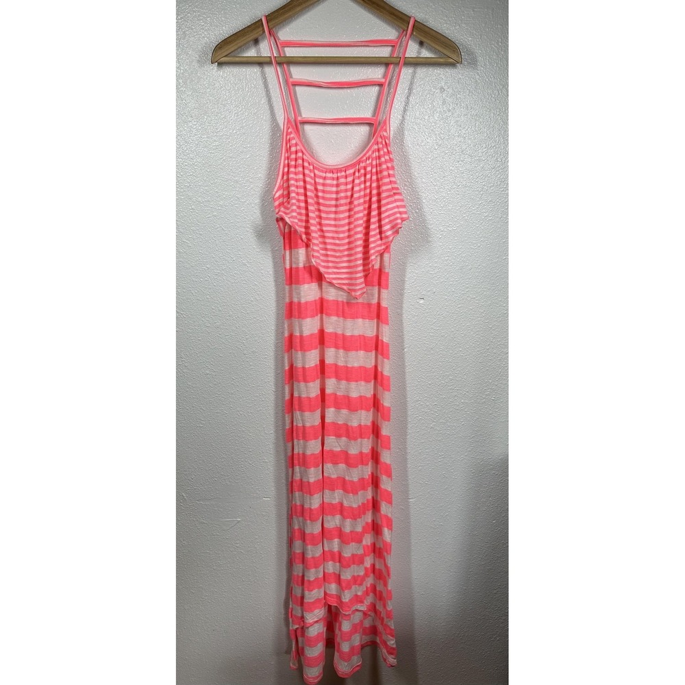 Rue21 Dress Womens Medium Pink White Striped Ruffle Spaghetti‎ Strap Ladder Back